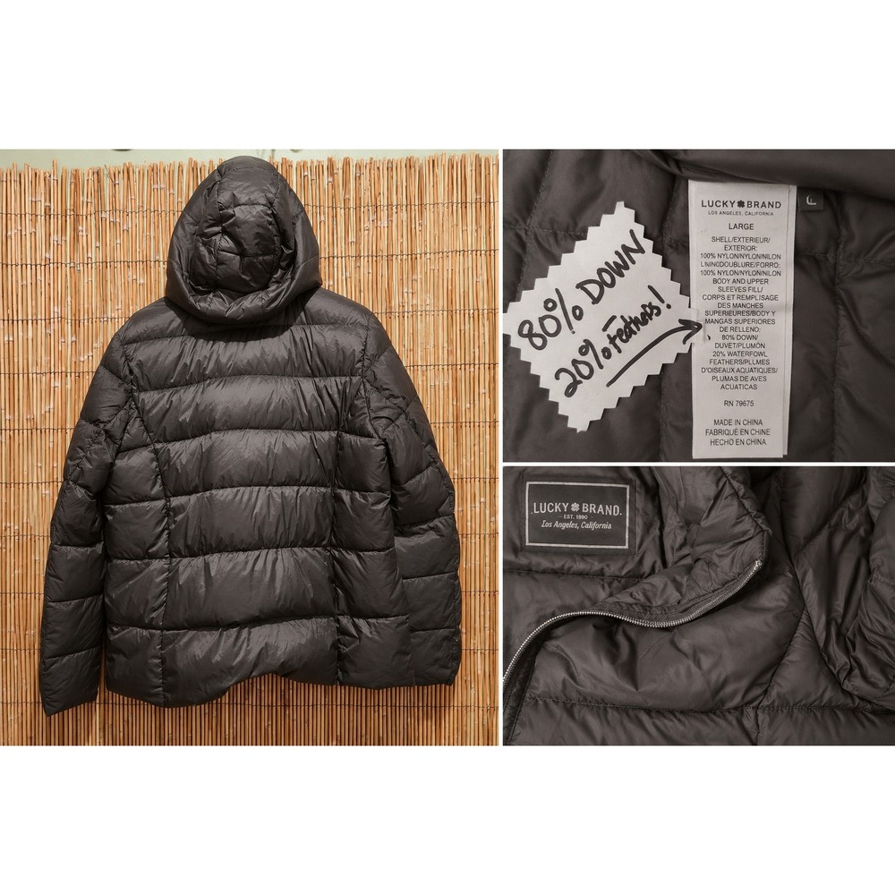 Large 40" Charcoal Gray DOWN FOWL Filled Puffer Jacket w/ Hood Packable Lucky - Picture 1 of 10